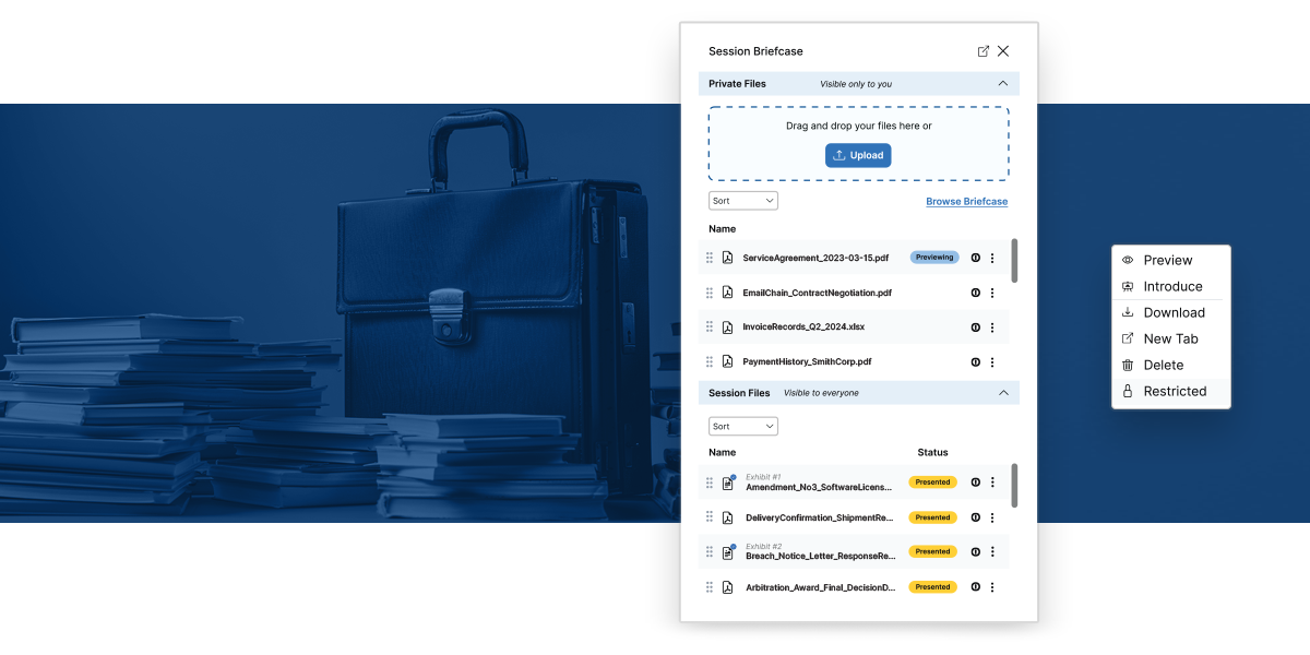 Screenshot of Prevail's recently optimized Session Briefcase interface, including presentation and organization options.