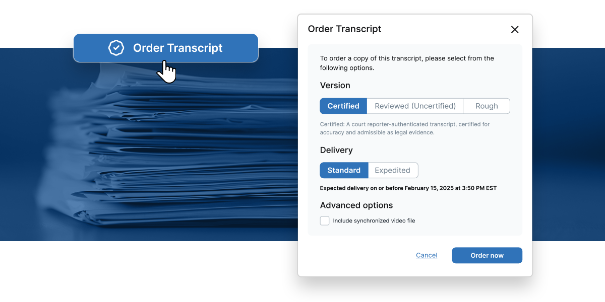 Mockups of Prevail's upcoming option to directly download transcripts in multiple formats.