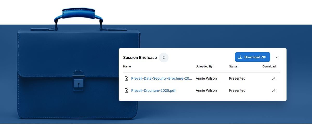 Screenshot showing Prevail's "Download ZIP" button in the Session Briefcase.