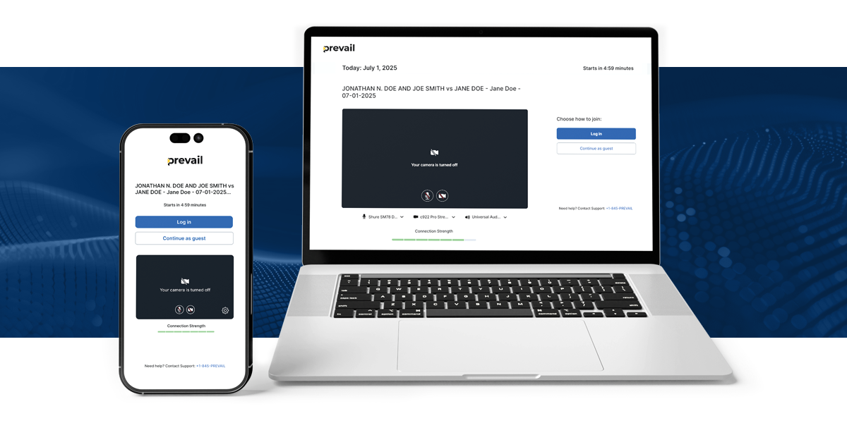 Mobile and laptop screens showing Prevail's improved joining interface against a blue background.