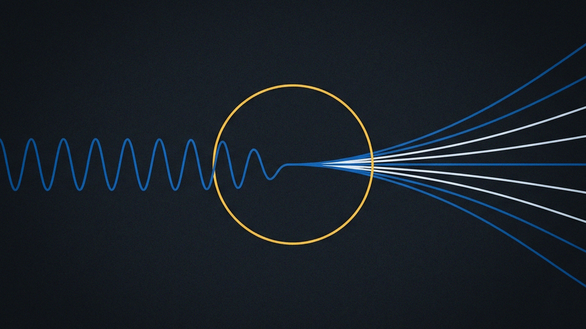 A geometric illustration of a voice waveform splitting into multiple distinct lines