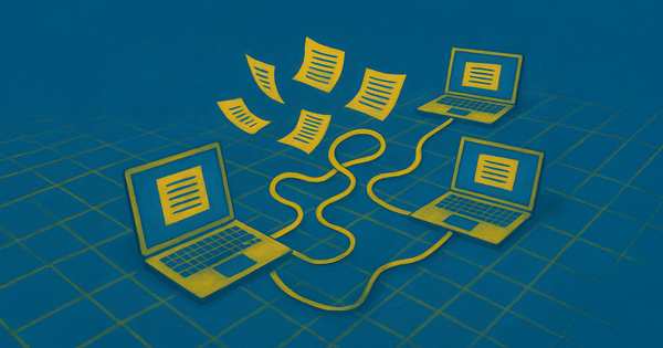 Illustration of three laptops connected by cables with documents being shared between them, symbolizing digital file sharing or data transfer.