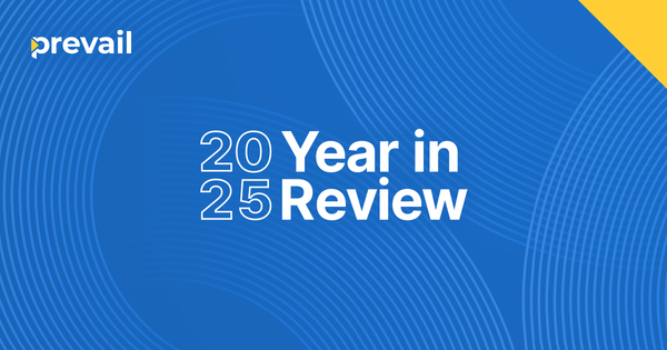 A graphic with the Prevail logo and the words 2025 Year in Review on an abstract blue background.