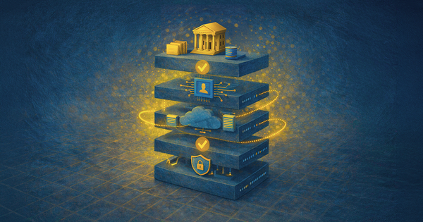 An illustration of technology and data stacked with legal iconography
