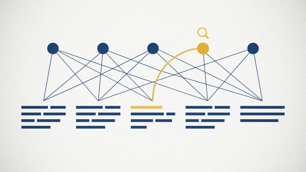 Illustration of five small circular nodes arranged in a row representing people, connected to bars representing lines of a transcript