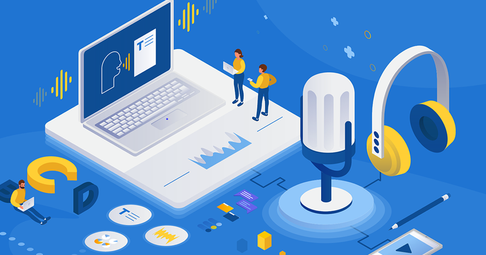Colorful illustration featuring representations of automated AI transcription and transcript summaries.