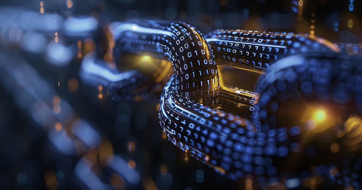 Illustration of a chain made of binary code, representing security standards for legal technology.