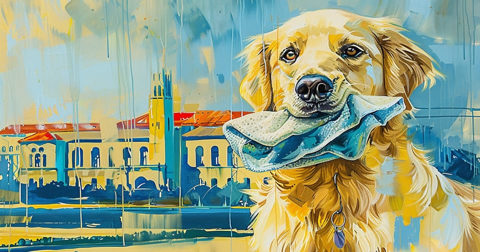 A Golden Retriever holding a rag in front of Stanford University, representing their recent study on RAG for legal AI tools.