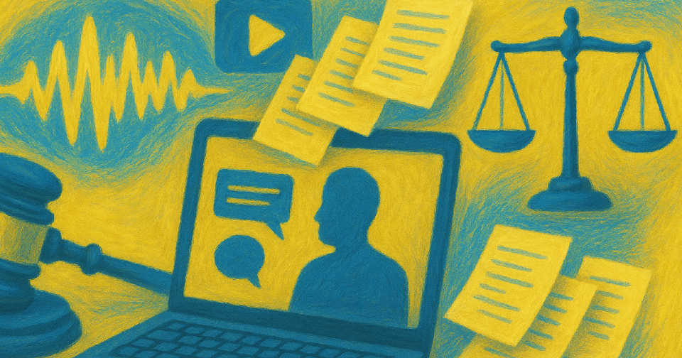 Yellow and blue image with iconography representing transcript summaries for the legal industry and beyond.